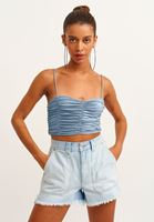 Bayan Yeşil/Gri Büzgülü Metalik Crop Top