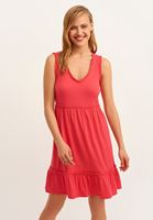 Bayan Pembe Fırfırlı V Yaka Kısa Elbise