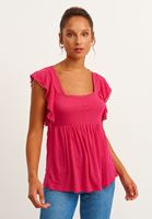 Bayan Pembe Fırfır Detaylı Kare Yaka Bluz