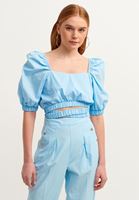 Bayan Mavi Lastik Detaylı Crop Top