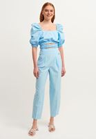 Bayan Mavi Lastik Detaylı Crop Top