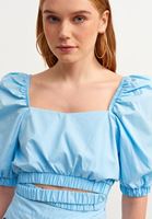 Bayan Mavi Lastik Detaylı Crop Top