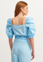 Bayan Mavi Lastik Detaylı Crop Top