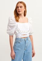 Bayan Beyaz Lastik Detaylı Crop Top