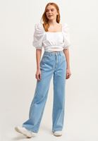 Bayan Beyaz Lastik Detaylı Crop Top