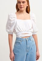 Bayan Beyaz Lastik Detaylı Crop Top
