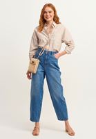 Bayan Bej Çizgili Oversize Poplin Gömlek