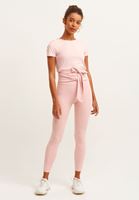 Bayan Pembe Esnek Dokulu ve Bel Detaylı Tayt