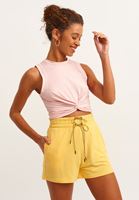 Bayan Pembe Esnek Dokulu ve Beli Büzgülü Crop Top