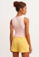 Bayan Pembe Esnek Dokulu ve Beli Büzgülü Crop Top