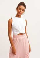 Bayan Beyaz Esnek Dokulu ve Beli Büzgülü Crop Top