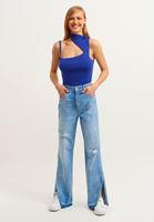 Bayan Mavi Cut-Out Detaylı Triko Top