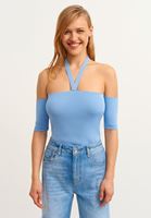 Bayan Mavi Askı Detaylı Crop Triko
