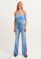 Bayan Mavi Askı Detaylı Crop Triko