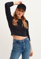 Bayan Siyah Uzun Kollu Crop Tişört