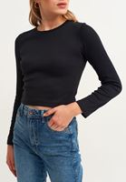 Bayan Siyah Uzun Kollu Crop Tişört
