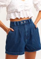 Bayan Mavi Pileli Ultra High-Rise Denim Şort