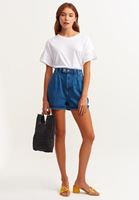 Bayan Mavi Pileli Ultra High-Rise Denim Şort