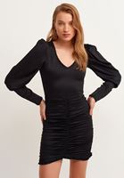 Women Black V-Neck Gathered Mini Dress