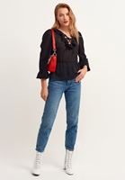 Bayan Siyah Fırfırlı V-Neck Romantik Bluz