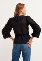 Bayan Siyah Fırfırlı V-Neck Romantik Bluz