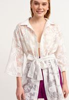 Bayan Krem Desenli ve Kuşaklı Kimono