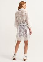 Bayan Krem Desenli ve Kuşaklı Kimono