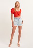 Bayan Kırmızı Yaka Detaylı Crop Bluz