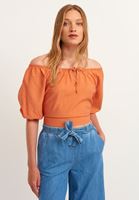 Bayan Turuncu Omzu Açık Crop Bluz