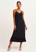 Bayan Siyah Romantik Nakışlı Midi Elbise