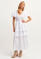 Bayan Beyaz Fırfır ve Nakış Detaylı Maxi Elbise