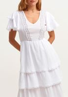 Bayan Beyaz Fırfır ve Nakış Detaylı Maxi Elbise