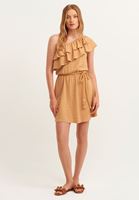 Bayan Kahverengi Fırfırlı Tek Omuz Elbise