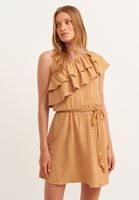Bayan Kahverengi Fırfırlı Tek Omuz Elbise