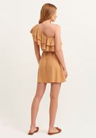 Bayan Kahverengi Fırfırlı Tek Omuz Elbise