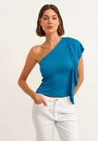 Bayan Mavi Tek Omuz Fırfır Detaylı Bluz