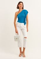 Bayan Mavi Tek Omuz Fırfır Detaylı Bluz