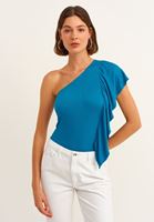 Bayan Mavi Tek Omuz Fırfır Detaylı Bluz
