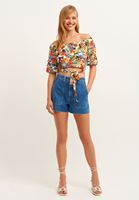Bayan Çok Renkli Balon Kollu Crop Top