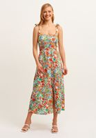 Bayan Çok Renkli Bağlama Detaylı ve Yırmaçlı Uzun Elbise