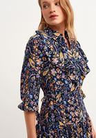 Bayan Çok Renkli Fırfırlı ve Desenli Maxi Elbise