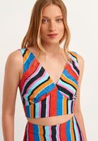Bayan Çok Renkli Çizgili V-Neck Crop Atlet