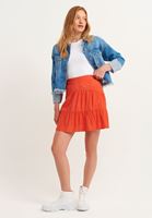 Bayan Kırmızı Katlı ve Volanlı Mini Etek