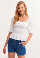 Bayan Beyaz Kare Yaka Romantik Bluz