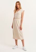 Bayan Açık Bej V-Neck Midi Elbise