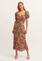 Bayan Çok Renkli Floral Desenli Volanlı Midi Etek