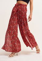 Bayan Çok Renkli Floral Desenli Yırtmaçlı Pantolon