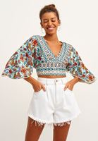 Bayan Çok Renkli Desenli Bohem Crop Bluz