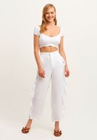 Bayan Beyaz Fırfır Detaylı Pantolon