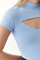 Bayan Mavi Cut-Out Detaylı Roll-Neck Tişört
